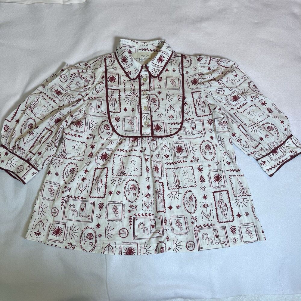 Pinch Puff Sleeve Med Button Collar Blouse White Maroon Western Cactus Desert